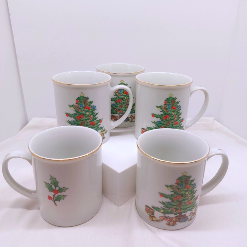 Vtg MCM‎ Set of 5 Holiday hostess Coffee Cups Christmas Tree Holly Made In Japan